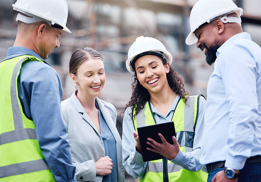 Construction, building and group with architect on tablet, project blueprint or engineering planning for work site. People, teamwork and engineer with technology, strategy or idea for contractor.
